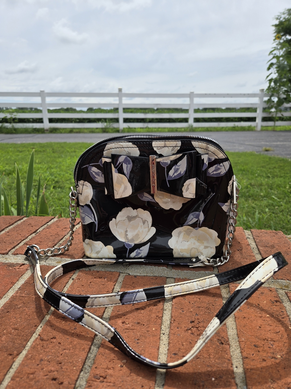 Betsey Johnson Floral Dome Crossbody Bag Black Patent Vegan Leather NWT